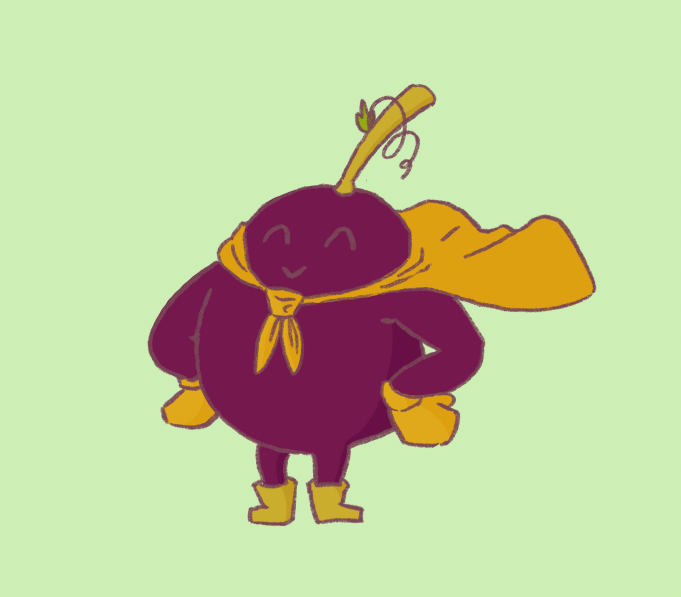 Image of smiling anthropomorphic grape wearing a cape 