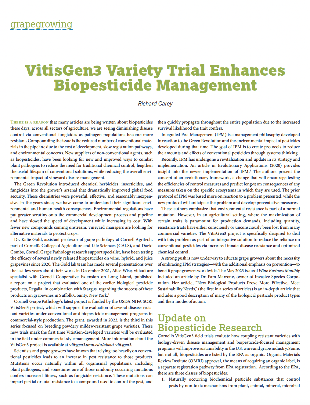 Image of the front page of the Wine Business Monthly VG3 Biopesticide article